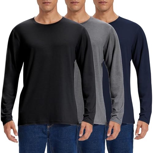 Pack de 3 T-shirts à manches longues en coton pour homme, à col rond, basiques, longs, idéaux pour le travail, les loisirs, sous-vêtements, sport, ensemble de...