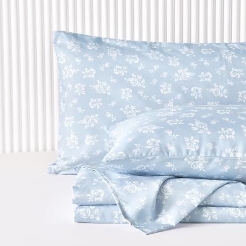 Wake In Cloud - Floral Bed Sheets 4-Piece Sheet Set Shabby Chic Flower Rose Pattern Printed Coquette Cottagecore Vintage Aesthetic Bedding Deep Pocket Light Blue Full Size