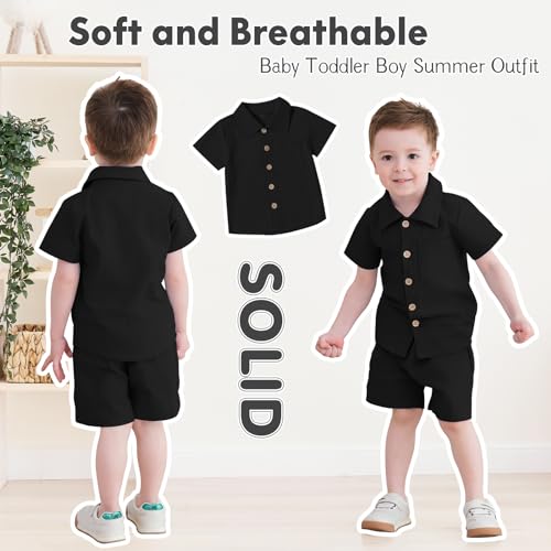 Neutocd Toddler Baby Boy Summer Clothes Cotton Linen Short Sleeve Solid Button Down Shirt Shorts Set Outfits with Pockets4