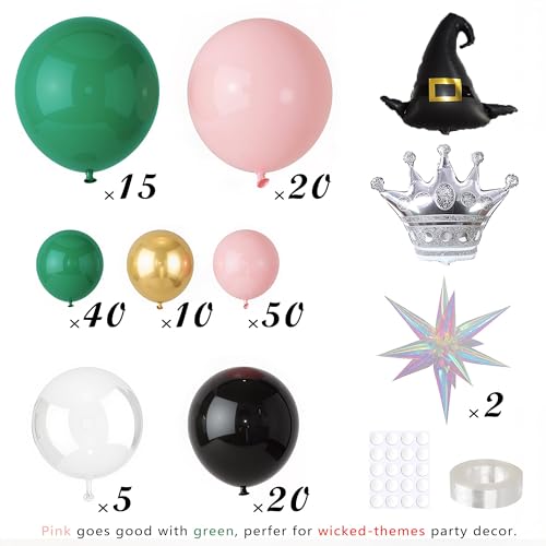Image of Dark Green and Pink Balloons Arch Set for Witch Party, 160Pcs Dark Green, Baby Pink, Black, Gold, Clear Bobo, Witch Hat, Crown, and Exploding Star Balloons Kits for Birthday Decoration