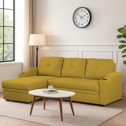Image of Casaliving Ravonna LHS 4 Seater L Shape Corner Sofa Cum Bed for Living Room (Yellow Fabric) Premium Fabric Sofa