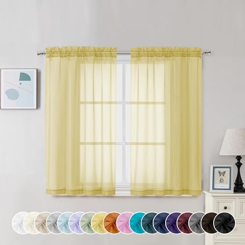 Image of Chyhomenyc Mustard Yellow Sheer Curtains 45 Inches Long, Light Filtering Window Sheer Curtain Panel Drapes, Elegant Rod Pocket Soft Voile for Bedroom Living Room, Each 42Wx45L Inches, 2 Panels