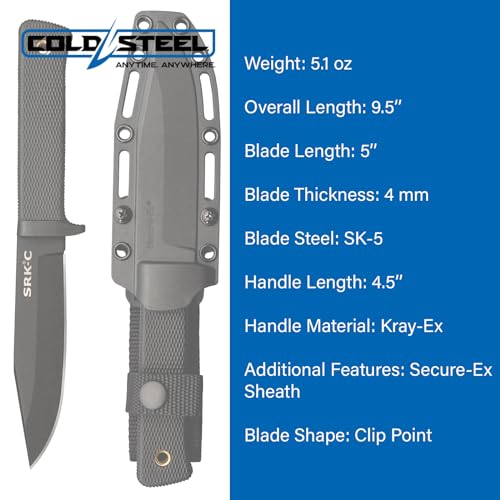 Image of COLD STEEL SRK Compact 5 inch SK-5 Clip Point Razor-Sharp Blade 4.5 inch Durable Kray-Ex Handle Tactical Fixed Blade Knife w /Secure-Ex Sheath