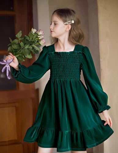 Girls Long Sleeve Dress Velvet Square Neck Midi Fall Winter Long Sleeve Vintage Plain Dress 4-12Y2