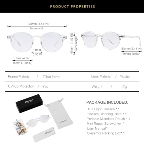 Image of Gleyemor Blue Light Glasses for Men Women, Vintage Round Frame Eyeglasses | Blue Light Blocking Glasses, Lightweight TR90 Frame, Work Gaming Daily Screen Office Computer Use