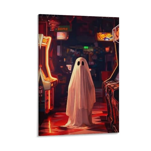 Warm Tone Retro Arcade Ghost Frameless Canvas Print for Game