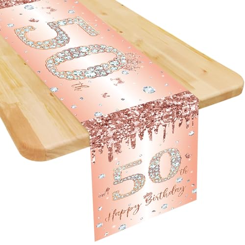 50th Birthday Table Runner for Women Her Rose Gold Happy 50th Birthday Table Runner 50 Years Old Celebration Party Decorations Non-Slip Dining Table Linen Cover Cloth Decor, 72 Inches Long
