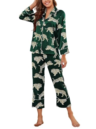 Brosloth Women's Silk Satin Pajamas Pjs Sets Cute Lace Pattern Two Piece Loungewear Set Button Up Pajamas Sleepwear Black
