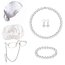 Ubjuliwa Old Lady Costume Cosplay Set, Grandma Wig Cap Granny Glasses Chain Cords Pearl Beads Necklace Earring (7 Pieces), Christmas Halloween Old Lady Wig Fits All (Grey 2)