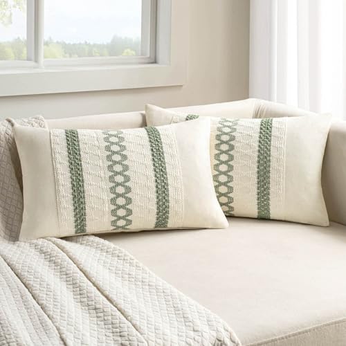 Image of MIULEE Set of 2 Sage Green Boho Decorative Lumbar Pillow Covers 12x20 Inch | Farmhouse Couch Throw Pillows Modern Summer Cushion Covers Macrame Woven Spring Decor for Bed Sofa Chair