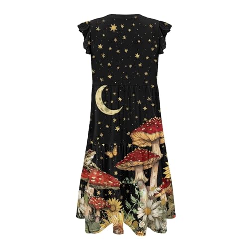 Image of Women's Casual Ruffle Sleeve Dress V Neck Pullover Dress Flowy A-Line Pleated Lightweight Dress with Pockets