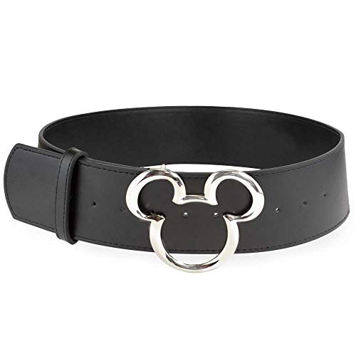 Buckle-Down Women's Disney, Mickey Ears Silver Cast, Black Vegan Leather Belt