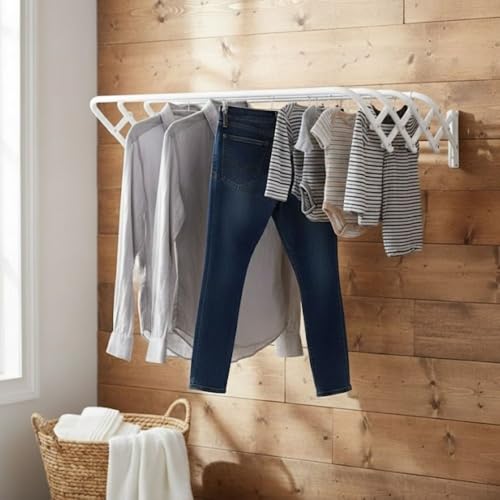 Image of HomeCloud Premium Wall-Mounted Stainless Steel Expandable Clothes Drying Rack | Heavy-Duty Accordion Collapsible Cloth Hanger (White)