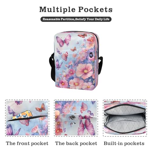 Crossbody Bag Butterfly Pink Purple Flowers Messenger Bag for Women Men Purse Shoulder Bag Satchel Bag with Adjustable Strap 202b68802