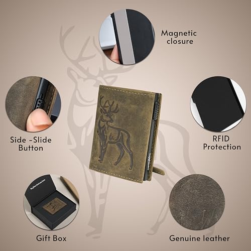 Image of The X Project Staggo Trifold Wallet | Genuine Leather | Aluminium Cardholder | Side Slide Pop-Up Card Ejector | Carry Up to 6 Cards and 1 Slot for Carrying Cash & Folded Bills (Greenish Brown)