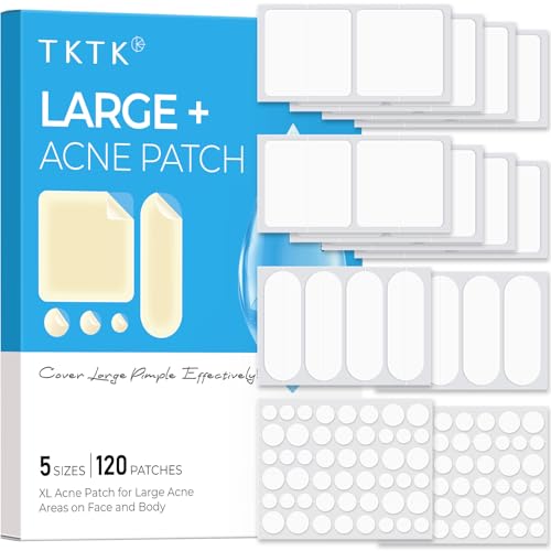 TKTK Pimple Patches Large Pimple Patches for Face XL Acne Spot Patches for Body Back Forehead Cheek Zit Breakouts Big Hydrocolloid Patch (Square Strip Dot 5 Sizes 120 Count)