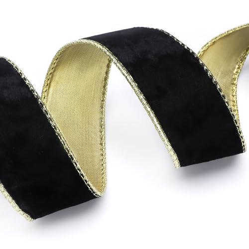 Image of Ribbli Black Velvet Wired Ribbon 1.5 Inch Metallic Black Gold Crushed Velvet Christmas Ribbon for Gift Wrapping Christmas Tree Decoration Crafts Wreaths Supplies-Continuous 10 Yards