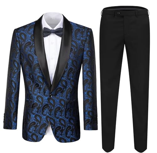 Men's 2 Piece Slim Fit Floral Tuxedo Suit Paisley Peak Lapel One Button Single Breasted Suit Jacket Pants Set