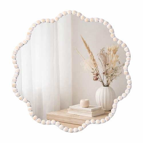 Image of SWTHONY 15inch Small Boho Beaded Flower Mirror for Wall Decor, Cute Decorative Hanging Wooden Circle Nursery Mirrors for Girl Room, Bedroom, Livingroom