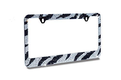 JR2 Bling Bling White/Black Zebra Designed (White Cap-D Type) Crystal Diamond Rhinestone-METAL Chrome License Plate Frame