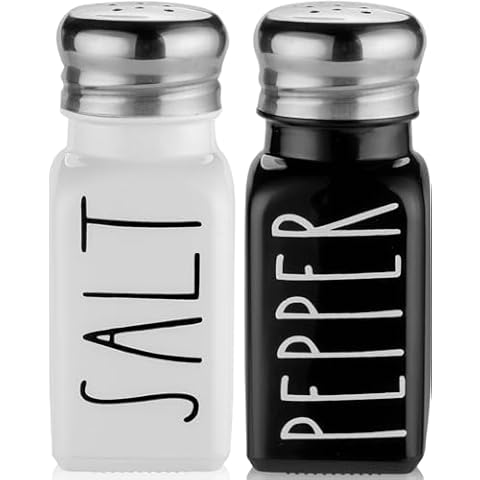 Salt and Pepper Shakers Set by Brighter Barns - Cute Modern Farmhouse Kitchen Decor for Home Restaurants Wedding - Gorgeous Vintage Glass Black White Shaker Sets with Stainless Steel Lids Cover