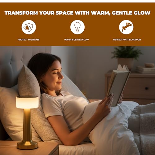 Image of Premium Rechargeable LED Table Lamp for Bedroom & Living Room - Touch Control | 3 Color Modes | Dimmable Brightness | Metal Body | Portable Wireless Bedside Light | Office & Home Decor