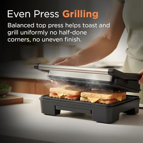 Image of Glen Electric Grill Sandwich Maker, 850W, Panini Press with Heavy Duty Non Stick Plates, Oil Collector Tray, Strong Steel Handle, Toaster Griller for 2 Bread Slices, 2-Year Warranty - 3029GRILL