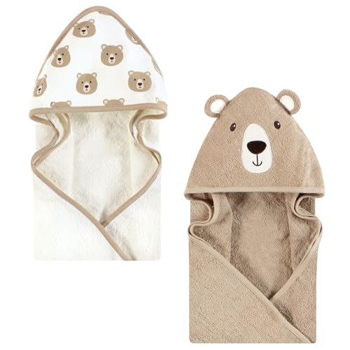 Image of Hudson Baby Unisex Baby Cotton Poly Animal Face Hooded Towel, Tan Bear, One Size