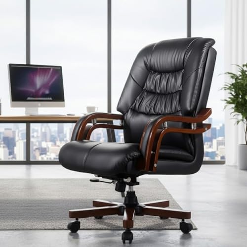 Image of Lakdi The Furniture High Back Director & Executive Chair for Office Made in Plyboard with Leatherette Upholstery & Armrest with Wooden WheelBase & Revolving Chair -Black - 111011314 Black