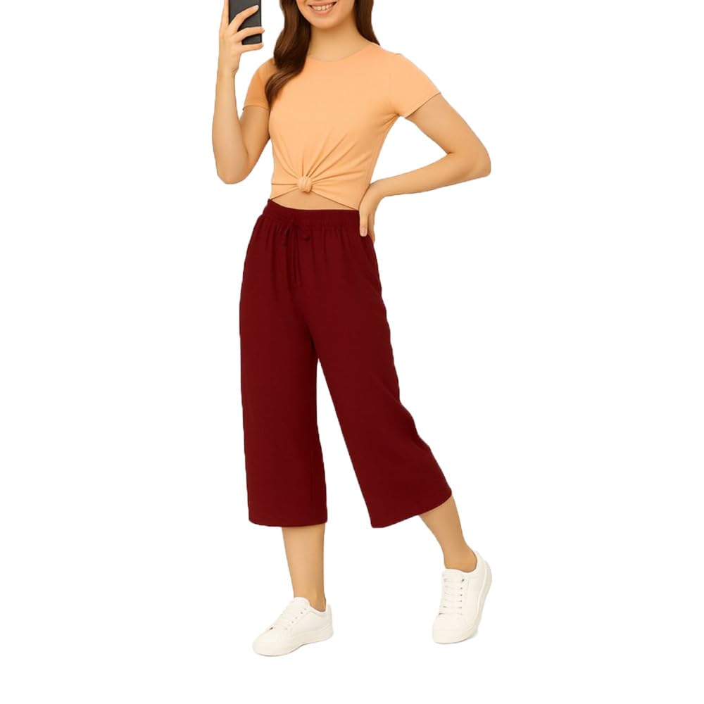 Women's Mid Waisted Capri Pants Casual Wide Leg Yoga Pants Loose Soft Pajama Pant For Girls Single Pack-picture-32