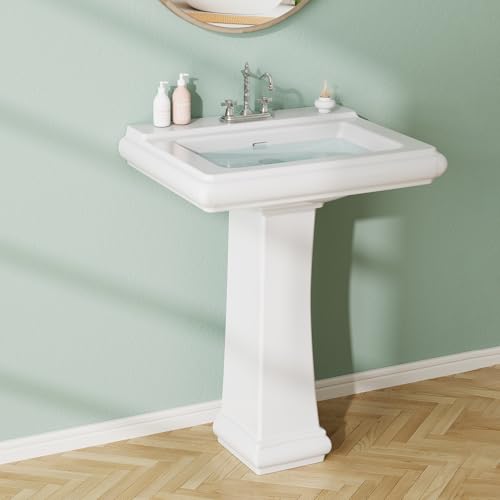 Rectangular Pedestal Sink, Bathroom Pedestal Sink 26 X 20 Inch White Ceramic Pedestal Bathroom Sink with Overflow & 3 Pre-Drilled Holes for 4-Inch Faucets