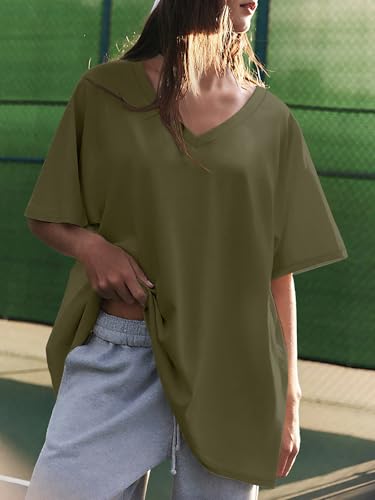 Image of ATHMILE Womens Oversized Shirts V Neck Plus Size Spring Workout Summer Tops Beach Vacation 2026 Gym Clothes Basic Tee