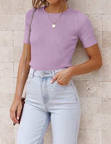 Image of ZESICA Women's Short Sleeve Sweater Tops 2026 Summer Crewneck Basic T Shirt | Business Casual Outfits, Solid Color Ribbed Knit Tee, Slim Fitted, Soft Skin Friendly, Going Out Top, Cute Dressy Blouse