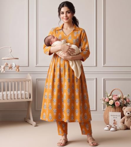 Image of DUMMY SHAPE Maternity Dresses for Women Cotton | Floral Kurta Pant Dupatta Set with Nursing Zippers, Side Pocket | Pre & Post Pregnancy | Feeding Kurti Suit | Baby Shower | Gifts for Pregnant Woman