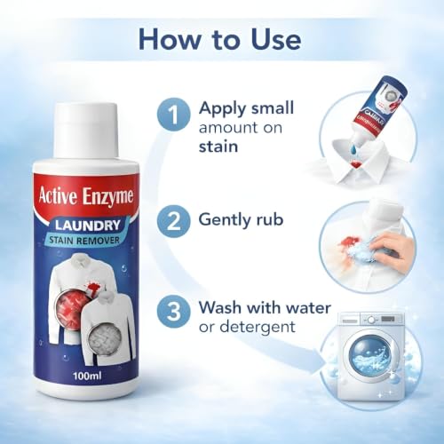 Image of Active Enzyme Laundry Stain Remover Liquid 100ml | Powerful Fabric Stain Cleaner for Clothes | Removes Food, Oil, Grease, Ink & Sweat Stains | Easy Pre-Wash Treatment (3)