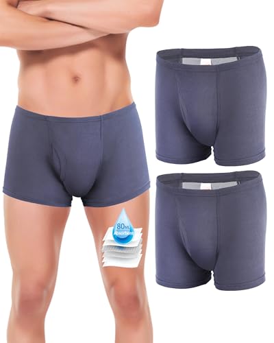 Lot de 2 sous-vêtements d'incontinence pour homme, lavables, réutilisables, anti-fuite, en coton respirant, haute absorption de la vessie, 80 ml, taille XL, bleu