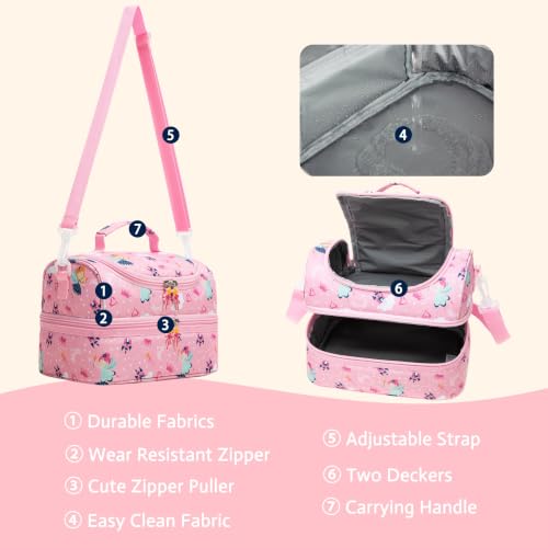 Image of Insulated Kids Dual Compartment Lunch Bags for Girls Toddler School Daycare Cooler Lunch Boxes Bento with Strap Pink Fairy