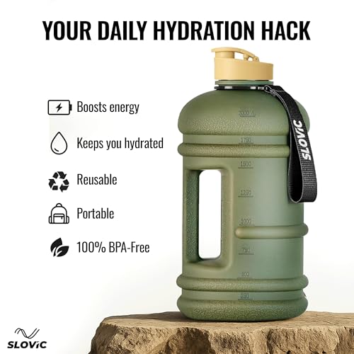 Image of SLOVIC Gallon Water Bottle 2 + Litre | Gym Motivational Sipper Water Bottle for Adults | 100% BPA Free & Leakproof | 2 Litre Sipper for Men & Women with Ergonomic Handle | Dark Green | 2200 ML