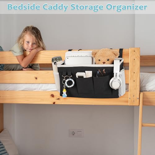 Image of Loghot Bedside Caddy /Bedside Storage Bag Hanging Organizer for Bunk and Hospital Beds,Dorm Rooms Bed Rails,Can be Placed Glasses,Books,Mobile Phones,Keys (2pc Black)