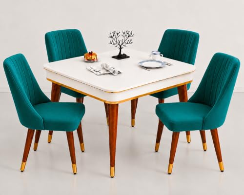 Image of WOODEN SPACE 4 Seater Wooden Dining Table Set | Urban Marble Top Dining Table with Chairs for Dining Room & Kitchen (Modern Frontline Sea Blue) (42 x 42 x 30 inch)