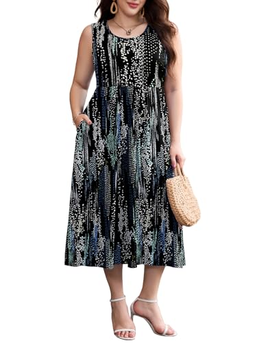 Image of LARACE Women's Plus Size Sleeveless Maxi Dress Casual Crew Neck Pleated Flowy Long Dresses with Pockets L-6XL