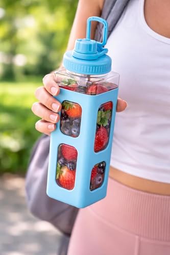 Image of Morecare Water Bottle With Straw & Sticker,Kawaii Bear Water Bottle,Large Sport Plastic Portable Square Drinking Bottle For Girl,Cute Juice Tea Water Cups 900ml Blue (pack of-1)