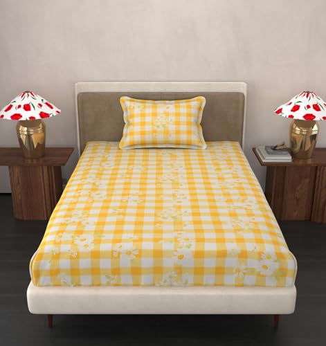 Image of VOMZER Single Size (60x90) 300 TC Soft Cotton Feel Microfiber Flat Single Bedsheet with 1 Pillow Cover | Yellow Check
