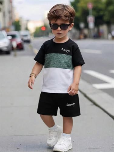 Image of Yoxindax Toddler Kid Boy Clothes Colorblock Letter Graphic Tee Shorts 2PC Summer Outfit Set