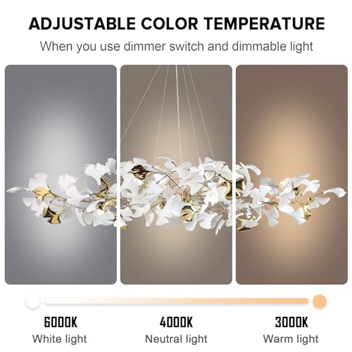Image of 59 Inch White Rectangle Chandelier Gold Ceramic Ginkgo Leaf Chandeliers Brass Large Chandelier Modern Hanging Lights Fixture for Living Room Dining Room Kitchen Island,10-Light
