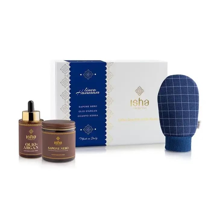 Isha Hammam Ritual Set con Sapone Nero, Kessa e Argan Bio | Esfoliante Guanto Kessa, Olio di Argan Biologico, Sapone Nero all'Oliva, Rituale Hammam Autentico, Prodotto in Italia