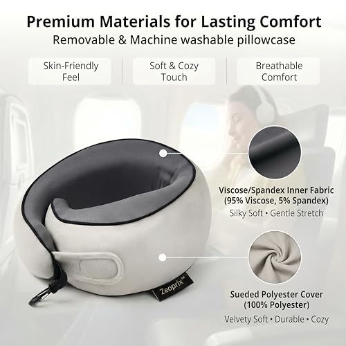 Image of Travel Neck Pillow for Airplane, Memory Foam 360 Wrap Around Neck Support for Sleeping on Long Flights, Washable Cover with Adjustable Fit, Eye Mask & Earplugs, for Car & Office (Light Grey)