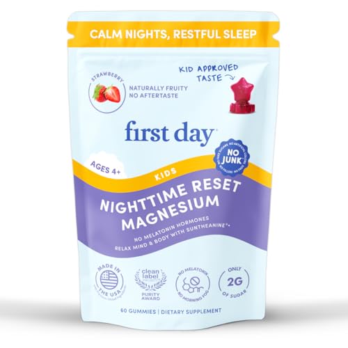 FIRST DAY Kids Magnesium Citrate Gummies (Ages 4+) with No Melatonin | Calm Kids Magnesium Gummies | Bedtime Supplement for Better Sleep with Suntheanine L-Theanine | Strawberry | 30-Days Supply