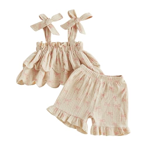Image of BeQeuewll Toddler Baby Girl Clothes Summer Linen Outfit Sleeveless Tie Up Tank Tops+Ruffled Shorts Little Girls 2 Pieces