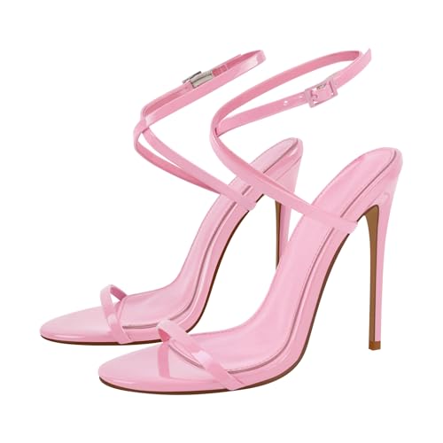 Image of Strappy High Stiletto Heels, Ankle Strap Buckle Heeled Womens Sandals, Sexy Comfort Open Round Toe Heels for Daily Party Dress